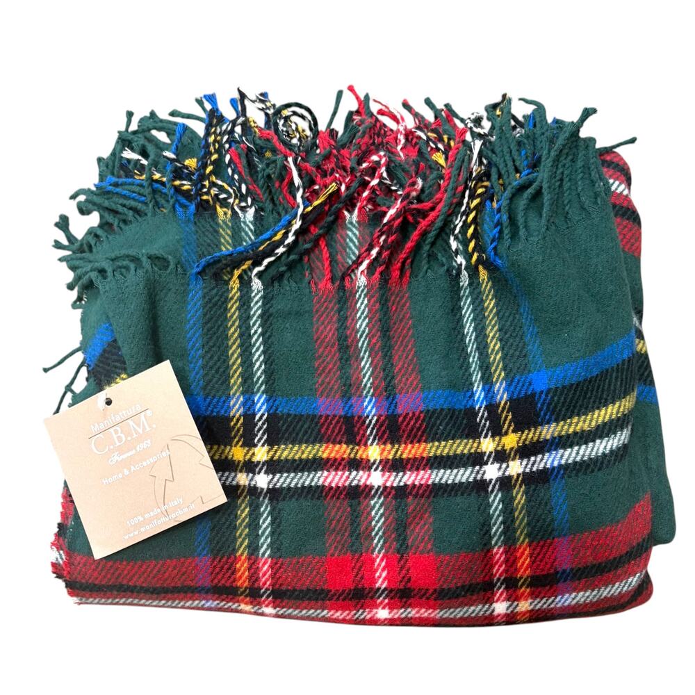 Manifattura C.B.M. Tartan Throw Blacket NWT 28x51in Red Fringe Made In Italy